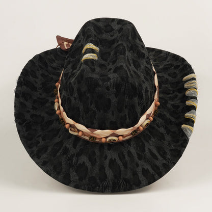 Leopard-print western cowboy hat with a tall top-hat crown and wide sun-shielding brim