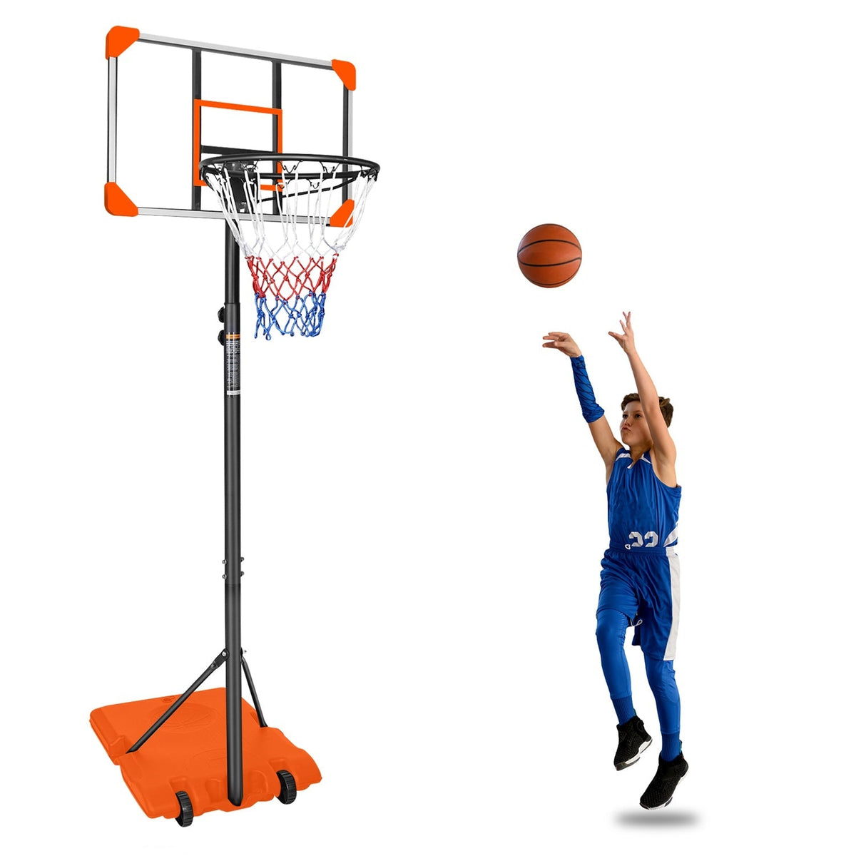 Adjustable kids basketball hoop by GBruno Store with wheels, height 5.6 to 7 feet, suitable for outdoor play and practice.