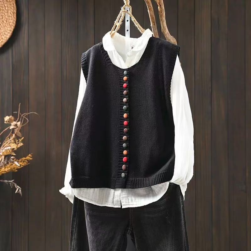 Colored button cotton thread knitted vest with multicolor buttons, front view