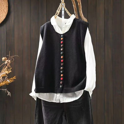 Colored button cotton thread knitted vest with multicolor buttons, front view