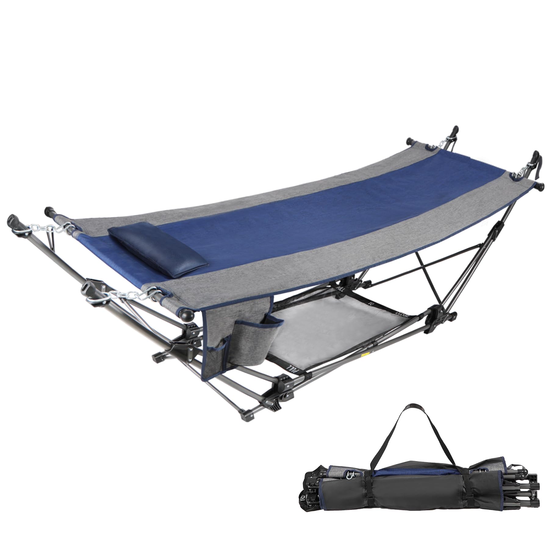 Lineslife Portable Hammock with Stand Collapsible Foldable Hammock Includes Removable Pillow Storage Net Side Pocket with Cup Holder for Camping Beach Patio Travel Blue and Grey Extra-Long