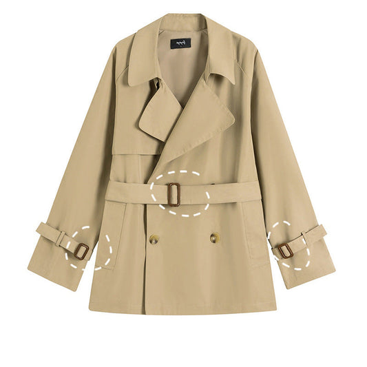 Khaki women's trench coat, British style short thin coat with double-breasted front and belted waist