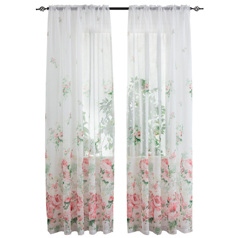Mesh bedroom curtain with decorative pattern and light-filtering fabric in a soft neutral tone