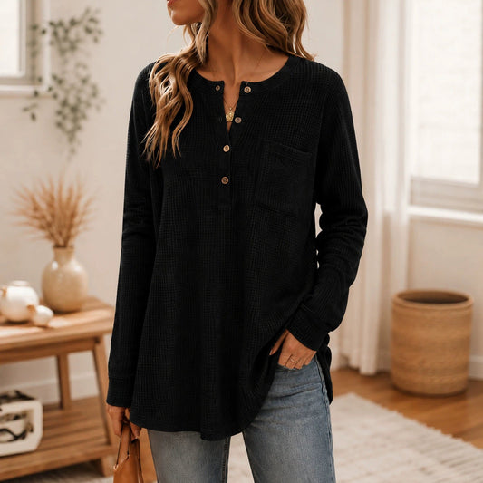 Anno Fashion solid waffle knit long sleeve top with front pockets and buttons