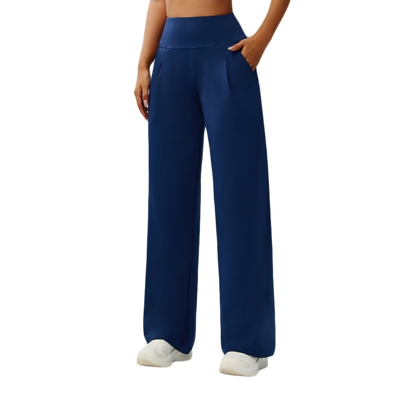 Tummy-control bare-feel high-waist straight-leg yoga pants in black; front and back view with elastic waistband