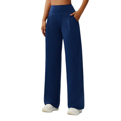 Tummy-control bare-feel high-waist straight-leg yoga pants in black; front and back view with elastic waistband