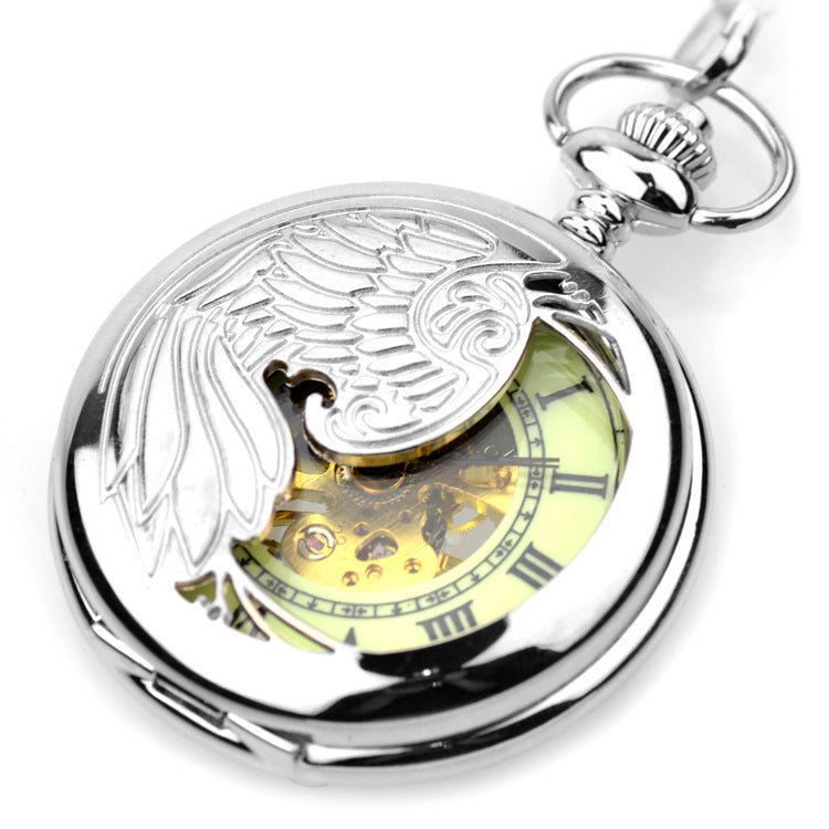 Retro hollow mechanical flip-open pocket watch with exposed gears and classic metal case