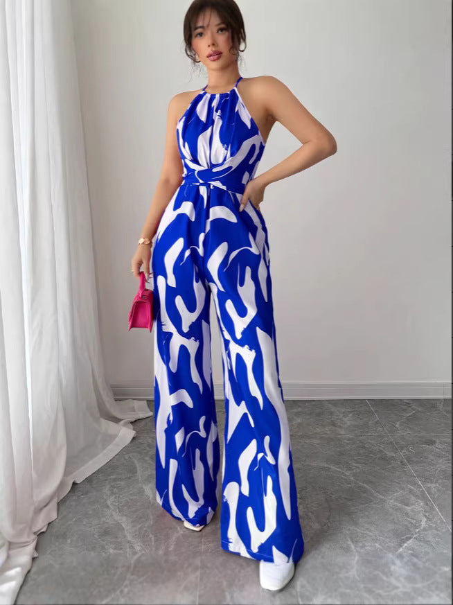 European American style milk-pattern halter neck jumpsuit with tie-back open-back bodysuit design
