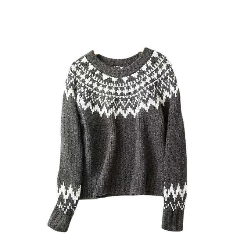 Women's thick-knit printed round-neck sweater with long sleeves for autumn and winter by My Store