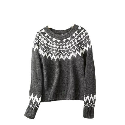 Women's thick-knit printed round-neck sweater with long sleeves for autumn and winter by My Store