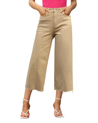 GRAPENT Women's Khaki Wide-Leg Capri Jeans