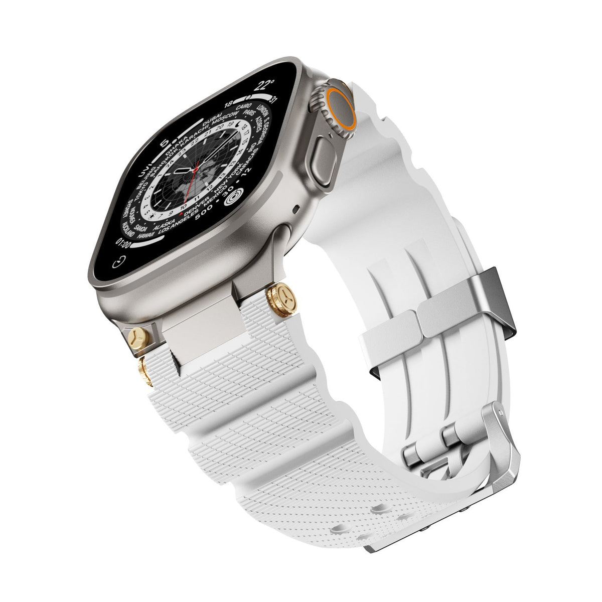 Sports silicone watch strap in black with textured surface and metal buckle