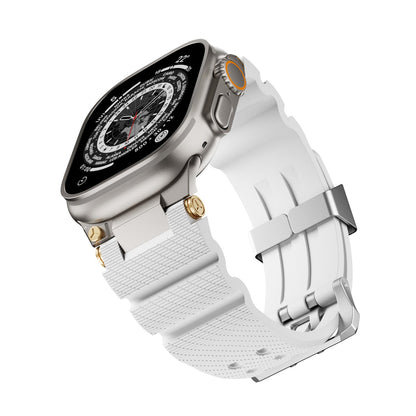 Sports silicone watch strap in black with textured surface and metal buckle