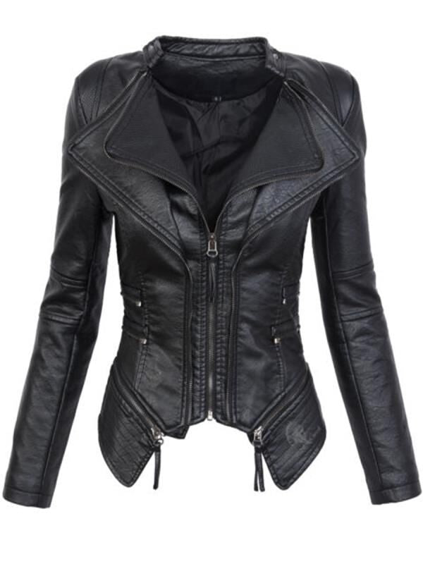 PU leather zippered patchwork jacket coat in a textured design