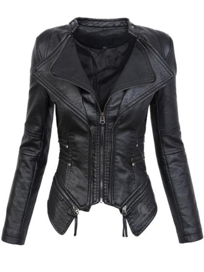 PU leather zippered patchwork jacket coat in a textured design