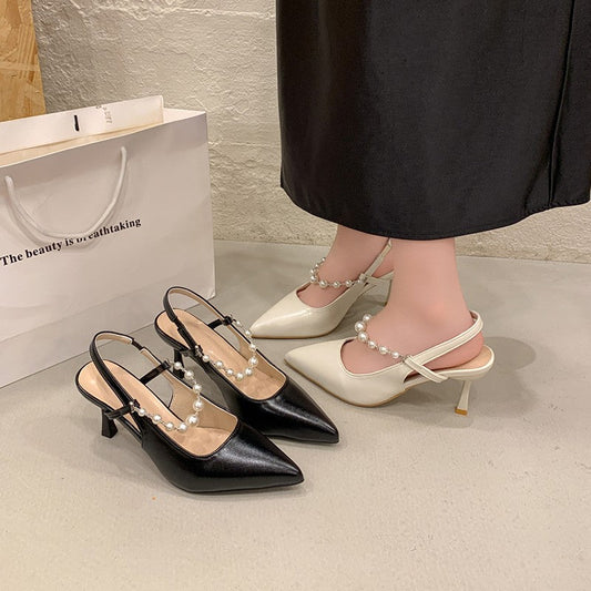 Women's French style pearl closed toe sandals, pointed toe stiletto backless high heels, fairy style single shoes