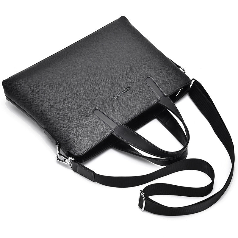 Large-capacity leather crossbody briefcase with adjustable strap and structured design