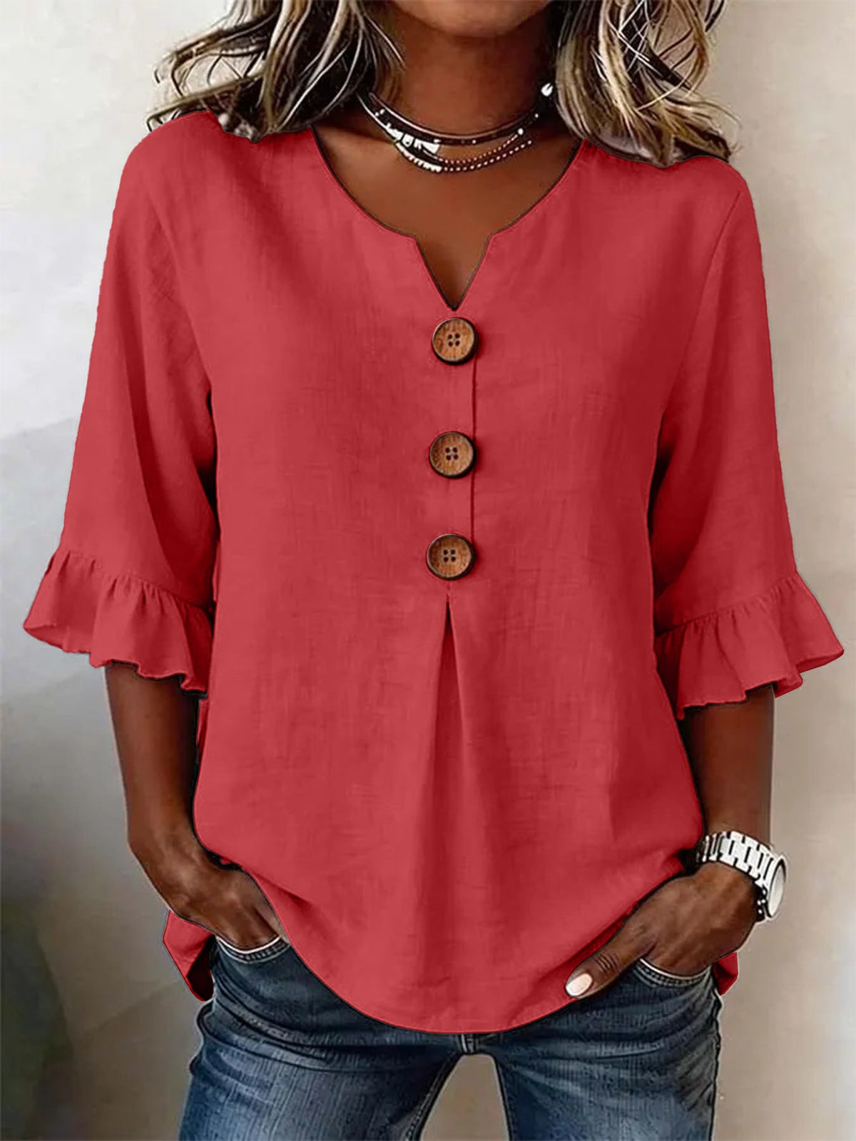 Women's V-neck cotton linen button-up shirt, solid color short sleeve design