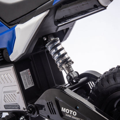Kids riding a 24V GBruno Store electric motocross ride-on motorcycle, designed for children ages 5 to 12.