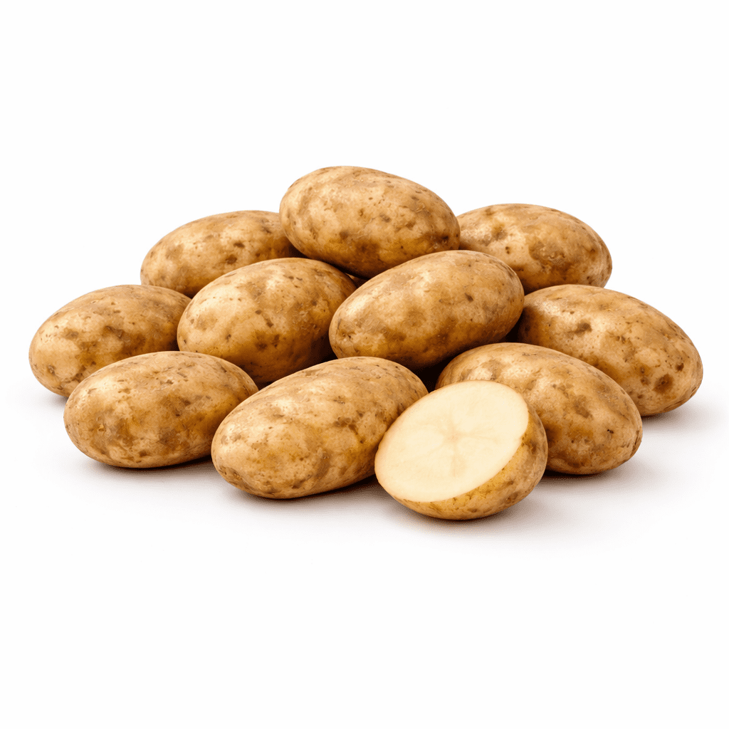 Fresh whole Russet potatoes from BACKUPMYFILESNOW® in a 5 lb bag, showing clean, brown-skinned potatoes on a white background.