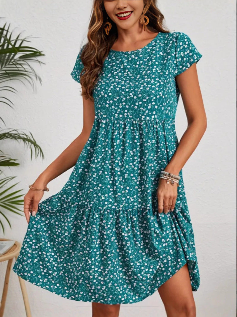 All-over print crew neck short sleeve casual women's dress by My Store