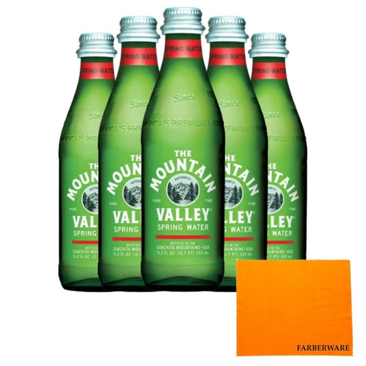 Glass bottles of Mountain Valley Spring Water by CAMEO, 11.3oz each, shown in a 36-pack with clear, labeled bottles.