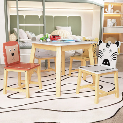 Kids furniture set featuring a table and four chairs with colorful animal designs, ideal for children's play and learning spaces.