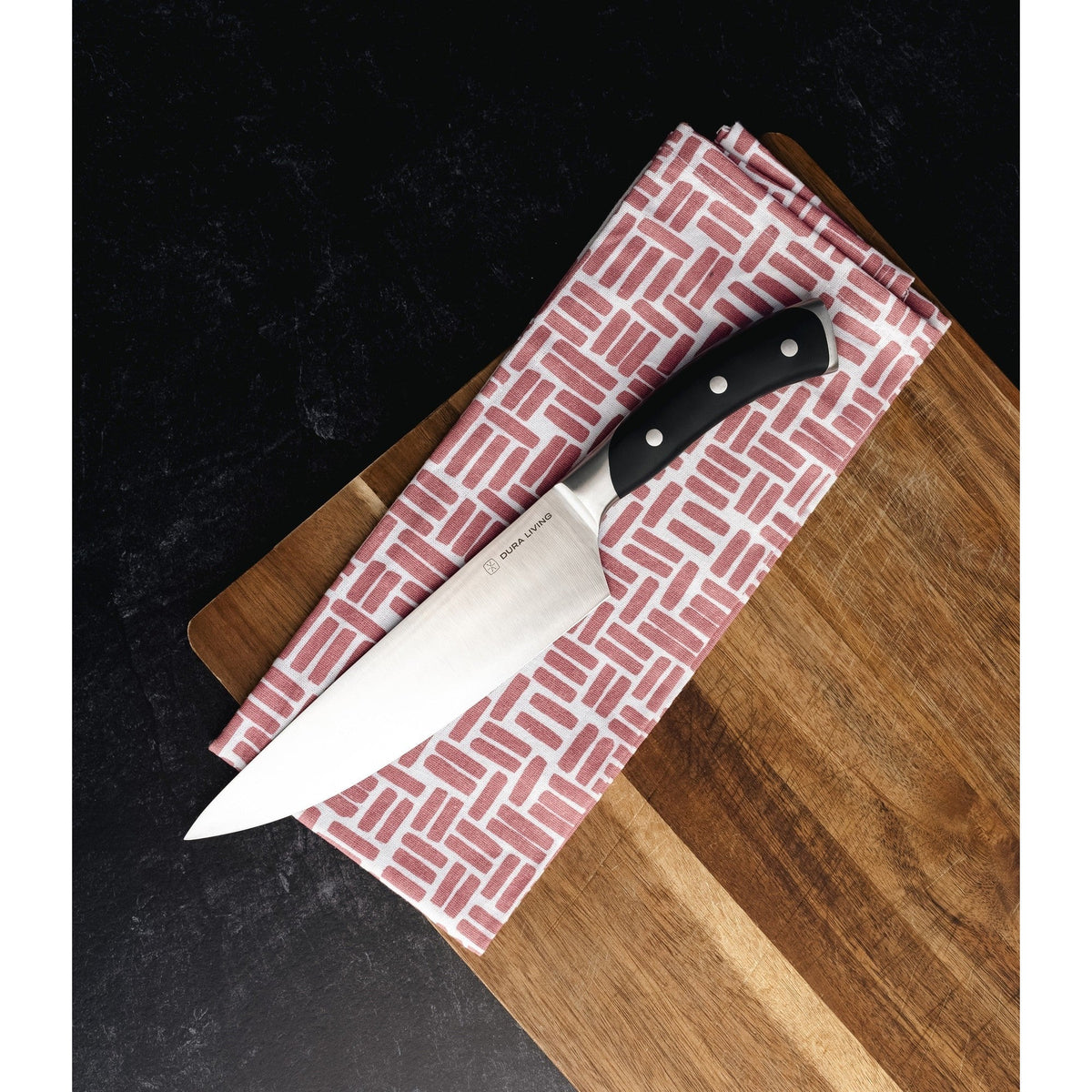 Dura Living Elite 8-inch black chef knife with stainless steel blade and ergonomic handle for precise kitchen cutting tasks