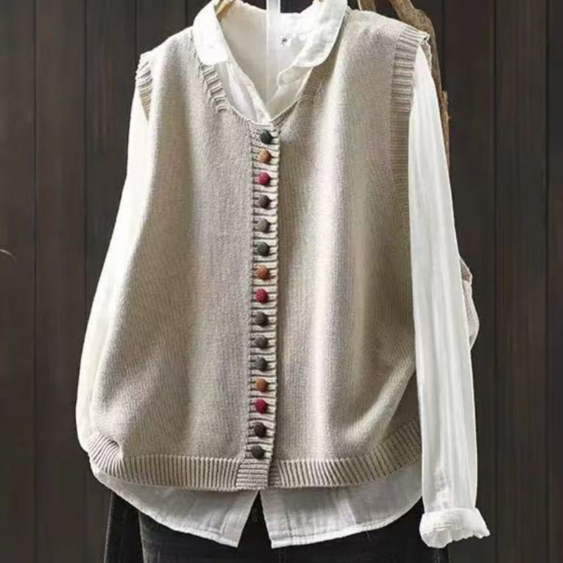 Colored button cotton thread knitted vest with multicolor buttons and textured knit design