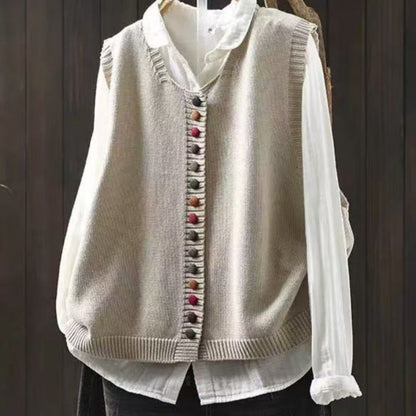 Colored button cotton thread knitted vest with multicolor buttons and textured knit design