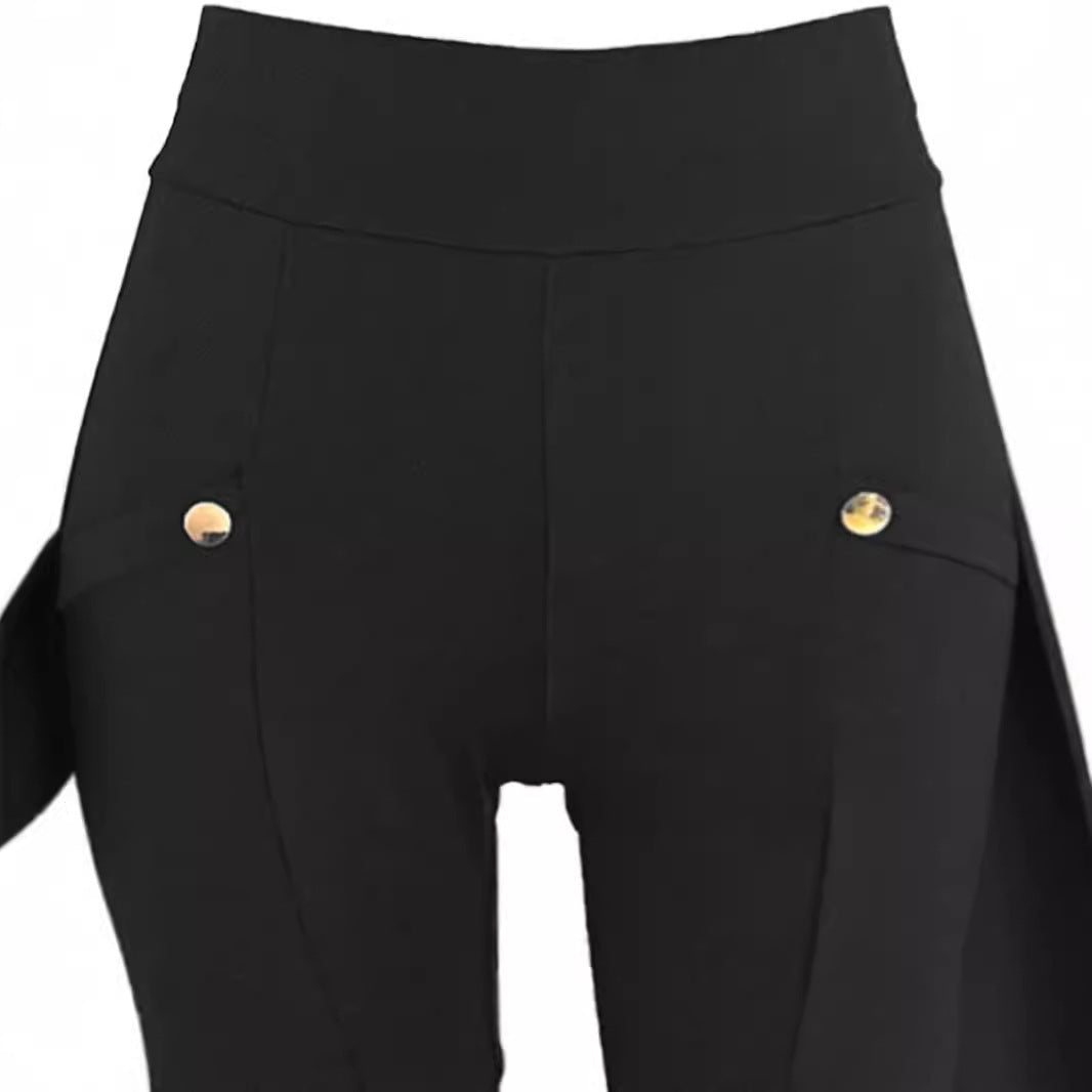 Women's high waist stretch cargo pants with side buttons, flared legs, and pockets in casual trouser style