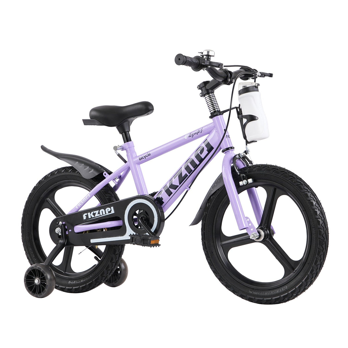 Kids bike with training wheels and adjustable seat, 16-18 inches, in bright colors, suitable for young children.