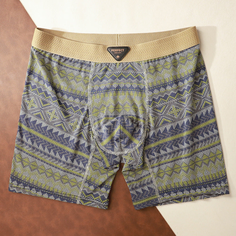 Retro ethnic style men's athletic boxer briefs, patterned fabric with supportive fit