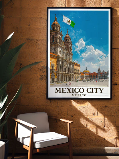 Colorful Mexico City Zocalo art poster by MapYourDreams, ideal for Mexico living room decor with vibrant cityscape imagery.