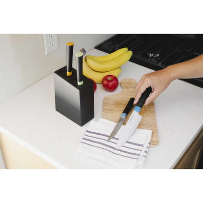 Dura Living Artistic Edge 5-piece knife block set featuring stainless steel kitchen knives with a sleek black and wood handle design.