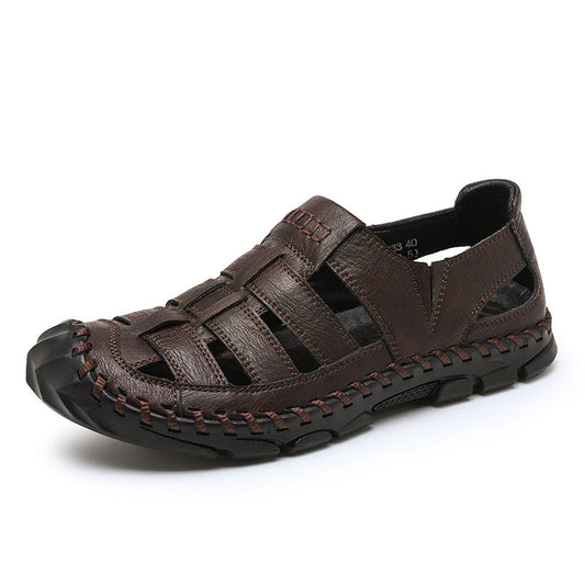 Plus-size men's hollow-out sandals with sewn-in sole, open-toe design and adjustable straps