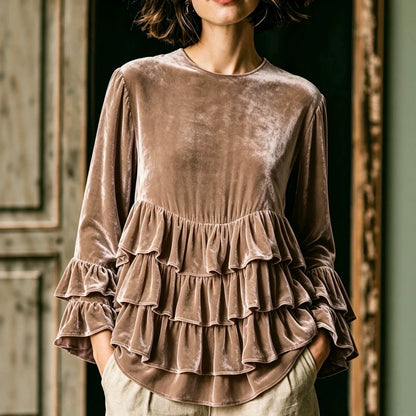 Women’s solid-color long-sleeve crew-neck top with ruffle trim and loose fit