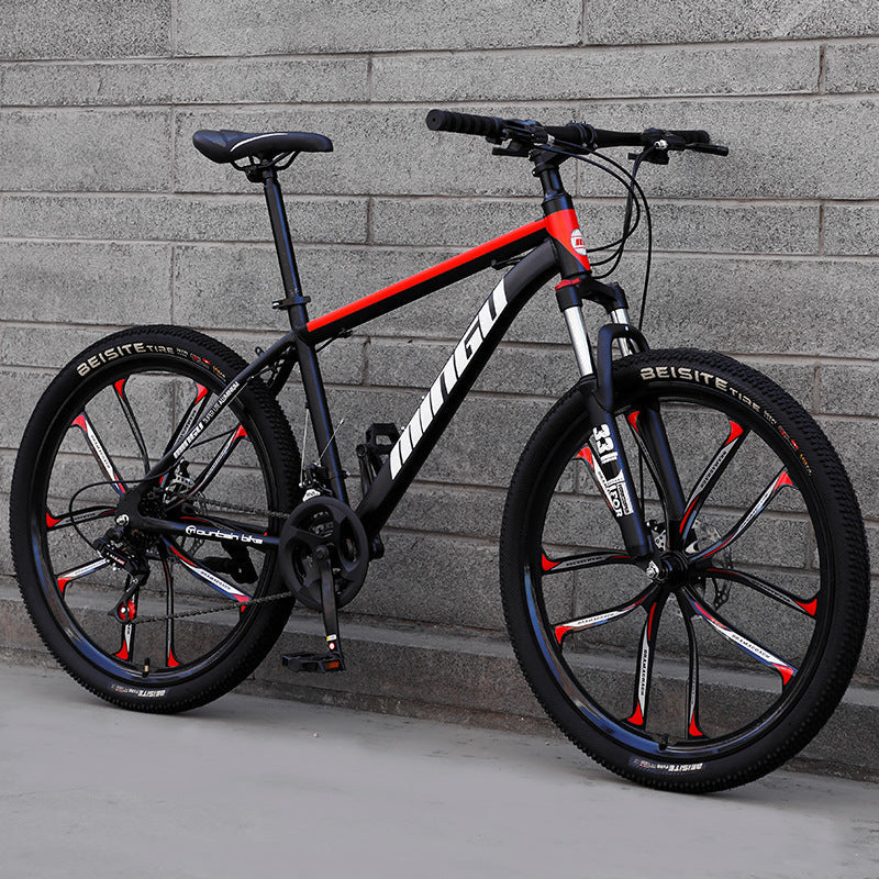 Mountain bike bicycle with disc brakes, shock absorption, and variable speeds for men and women