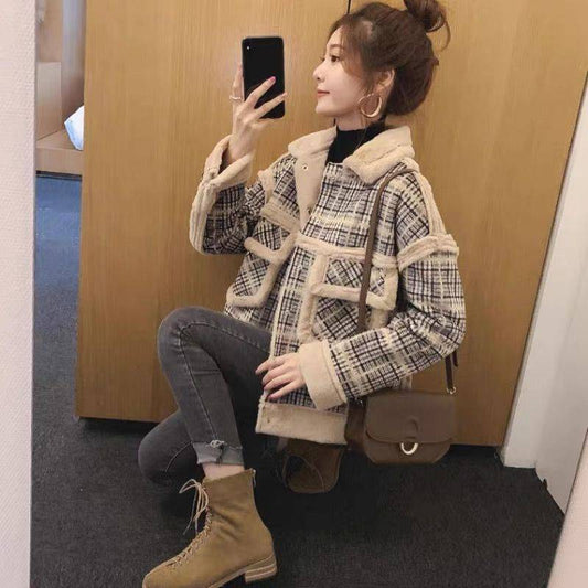 Women's lamb plush fur coat in soft beige with long sleeves and a cozy texture