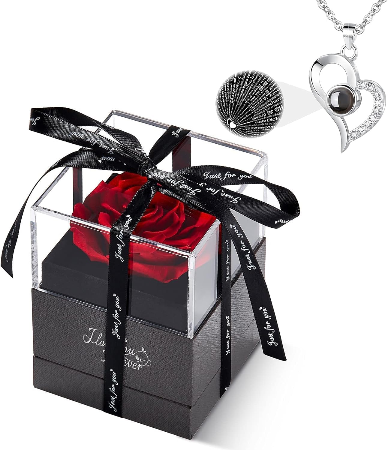Preserved real rose with "I Love You" necklace from BACKUPMYFILESNOW.COM® showcasing a romantic floral jewelry piece.