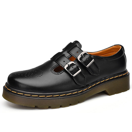 Women's British-style square-button retro casual loafie shoes in black leather with low heels