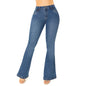 Backview of Bula High-Waist Flair Colombian jeans by BACKUPMYFILESNOW® showing fitted high-rise design and flared leg style.