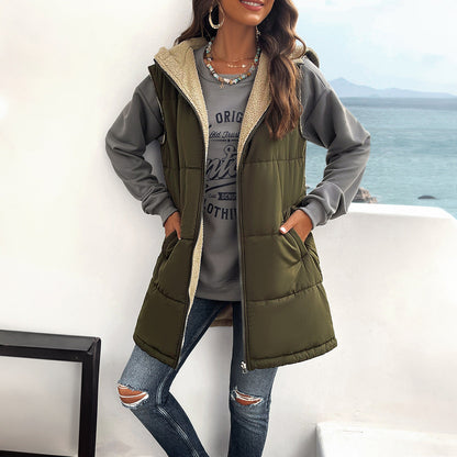Women's mid-length hooded cotton winter vest with zipper, pockets, and fluffy warm lining