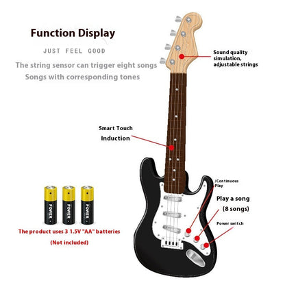 Male child playing 4-string electric guitar toy, beginner musical instrument in black and white