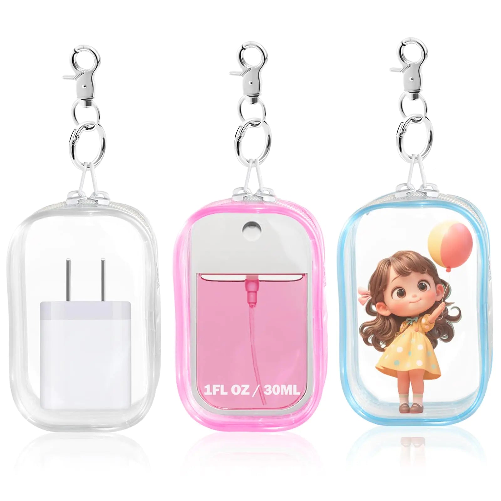 XCOSHAY Hand Sanitizer Spray Clear Case for Touchland 1FL OZ/30ml 3 Pack Hand Sanitizer Holder Clear Zippered Pouch Mini Clear Makeup Bag Figures Display Bag with Keychain Only Bags