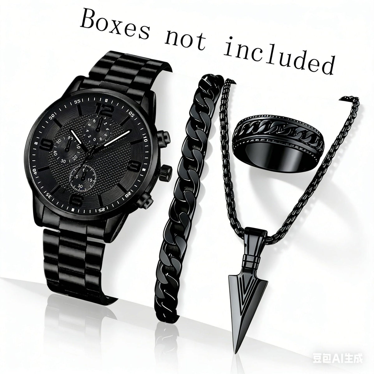 Three-eye digital men's watch with matching bracelet and necklace set in black and silver tones