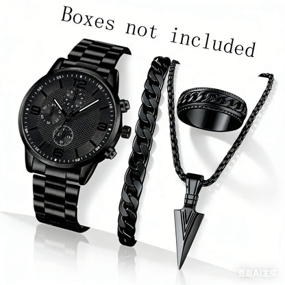 Three-eye digital men's watch with matching bracelet and necklace set in black and silver tones