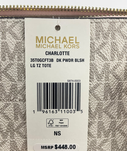 Black Michael Kors Charlotte Zip Leather Tote bag with gold-tone hardware and dual top handles.