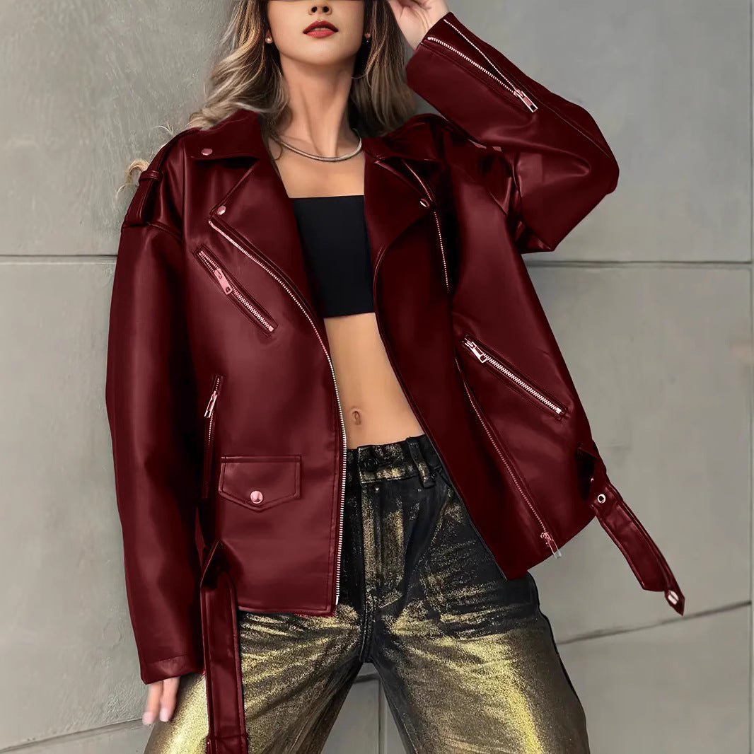 Women's boyfriend-style leather biker jacket front view