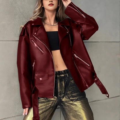 Women's boyfriend-style leather biker jacket front view